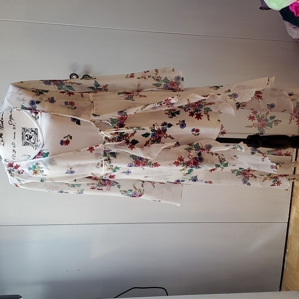 White Floral Dress 2 Piece with Kimono HI- LOW Midi Boho Coastal Flowy Sz.Medium